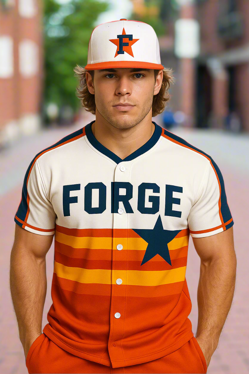 Person wearing a 'Forge' baseball jersey with orange and blue design on a beige background