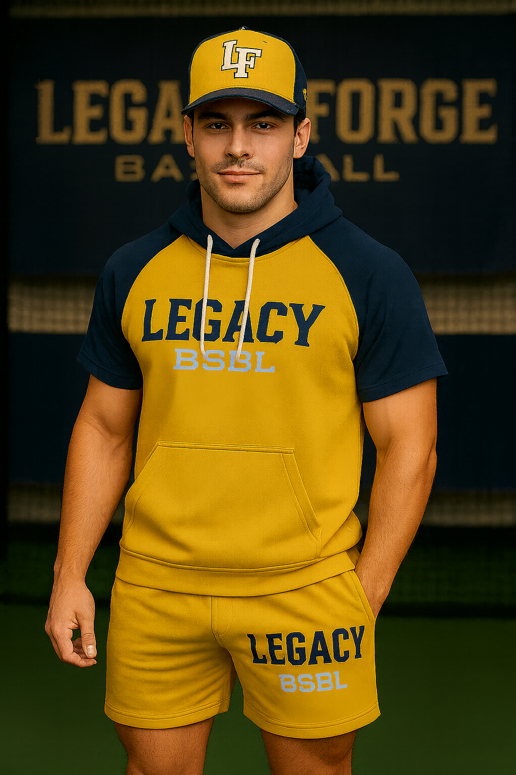 Man wearing a yellow and navy 'Legacy BSL' hoodie and shorts with a matching cap, standing in front of a 'Legac Forge Baseball' backdrop.